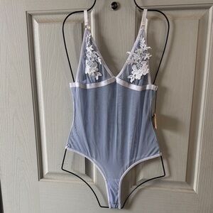Sheer Blue Bodysuit with White Floral Embroidery